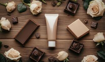 A tube of cream is on a wooden table with a box of chocolates photo