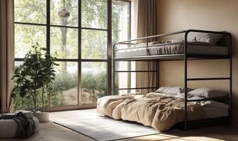 A bed with a ladder and a window above it photo