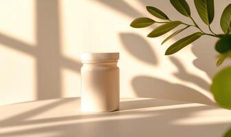 A white jar with a lid sits on a table photo