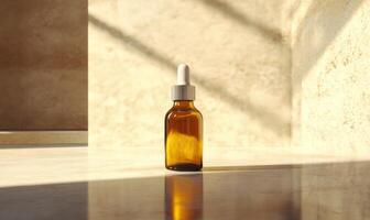 A bottle of oil is sitting on a counter photo