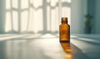 A bottle of oil is sitting on a table photo