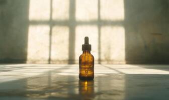 A bottle of oil is sitting on a floor photo