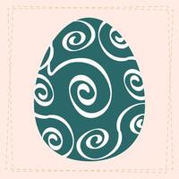 Flat design Easter egg illustration with swirl patterns in a modern, minimalist style. Dark green and white color scheme on a soft pastel background. vector