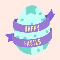 A light blue Easter egg with star patterns, wrapped in a purple ribbon with the words HAPPY EASTER on a light pink background. vector