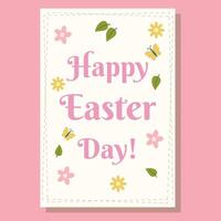 Minimalist Easter greeting card with soft pastel colors. Features Happy Easter Day text, decorated with flowers, leaves, and butterflies, creating a warm and festive spring atmosphere. vector