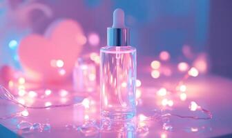 A bottle of perfume is on a table with lights around it photo