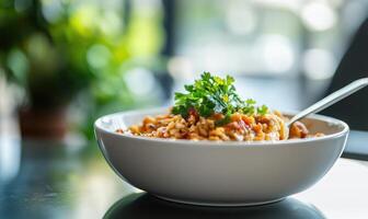 chicken and rice in a bowl with a spoon on a table photo