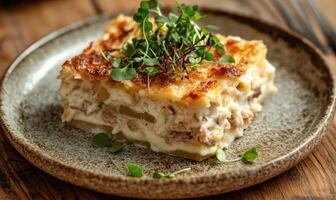 A large lasagna with a green garnish on top photo