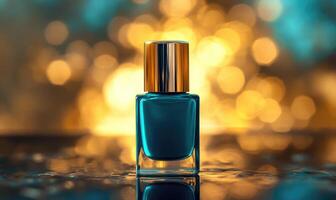 blue nail polish bottle on a table with a blurred background photo