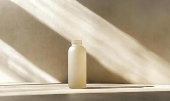 a bottle of shampoo sits on a table in front of a wall photo