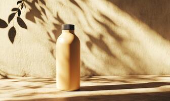 A bottle of lotion is sitting on a table photo