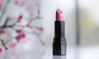a pink lipstick is sitting on a table in front of a window photo