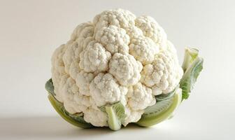 A white cauliflower is sitting on a white background photo