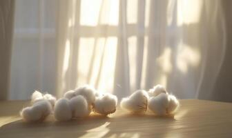cotton balls on a table in front of a window photo