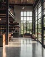 A large open kitchen with a window and a couch photo