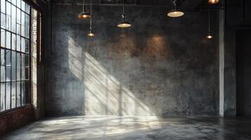A large empty room with a window and four lights hanging from the ceiling photo