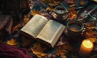 A book is open on a table with a candle and two cups of tea photo
