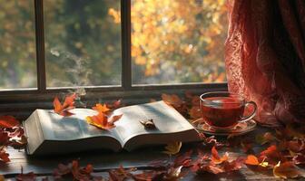 A book is open to a page with a leaf on it photo