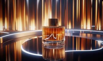 a bottle of perfume sitting on a table in front of a lighted background photo