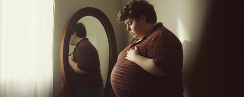 Plus-size person reflects on self-acceptance in front of mirror, capturing a moment of introspection and vulnerability in their personal space photo