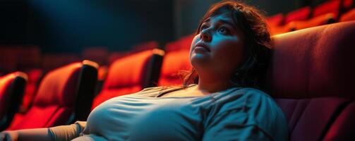 Plus-size mother reflects on her journey while sitting in an empty theater during a quiet afternoon photo