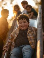 Plus-size boy enjoying a playground slide at sunset with friends in the background photo