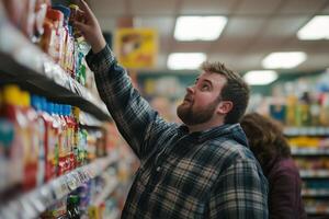 Plus-size man reaching for condiment on high shelf in grocery store aisle during shopping photo