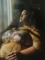 Plus-size woman reflecting on memories while scrolling through old photos in a cozy indoor setting during the afternoon