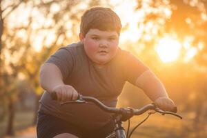 Plus-size boy experiences challenges while learning to ride a bike during sunset in a park setting photo