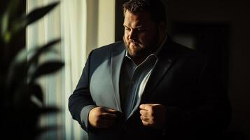 Plus-size businessman tries to button his suit while preparing for a meeting in a well-lit room in the early evening photo