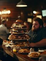 Plus-size man enjoying a towering feast at an all-you-can-eat buffet in a cozy restaurant setting photo