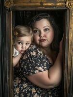 Plus-size mother and child posing together in a vintage framed setting with expressive emotions captured photo