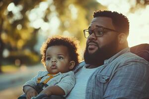 Plus-size father with curly-haired baby enjoying afternoon outdoors in a park as he struggles to buckle the stroller photo