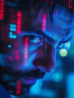 Intense focus of a serious investor analyzing market data in a tech-driven environment at night photo