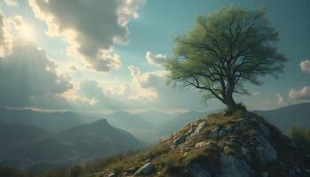 A tree on top of a mountain with clouds in the sky photo