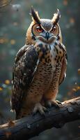 Owl on a branch with leaves and trees in the background photo