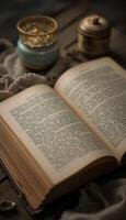 An open book with a candle and a cup on a table photo