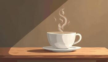 A cup of coffee on a table with a light coming from behind it photo