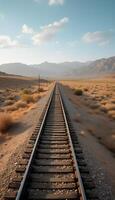 A railroad track in the desert with mountains in the background photo