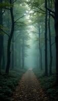 A path through a forest with trees and fog photo