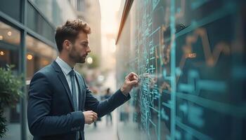 A man in a suit is pointing at a board with graphs photo