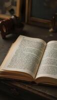 An open book on a desk with a pen and a clock photo
