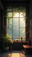 A window with a view of a forest photo