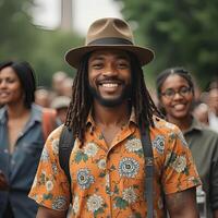 a man with dreadlocks and a hat smiles while walking in a crowd photo