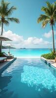 A pool with palm trees and a beach photo