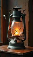 An old fashioned lantern on a table in front of a window photo