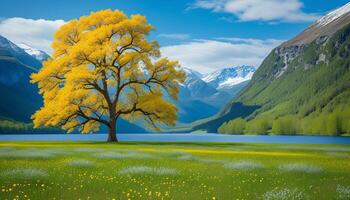 Large tree with yellow leaves in green field, snow capped mountains, blue sky with clouds, and serene lake - Perfect for nature and landscape themes photo