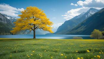 Tree with yellow leaves in green field, snow-capped mountains, and blue sky with clouds photo