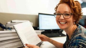 A smiling woman with glasses holding a stack of papers photo