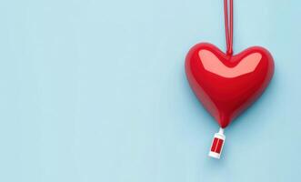 Red heart balloon with a small bottle attached displayed against a light blue background, emphasizing a playful and whimsical theme suitable for festive occasions photo